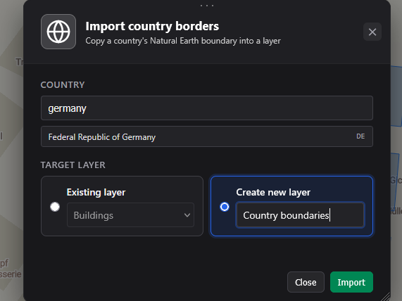 Import country borders dialog: copy a country's Natural Earth boundary into a layer