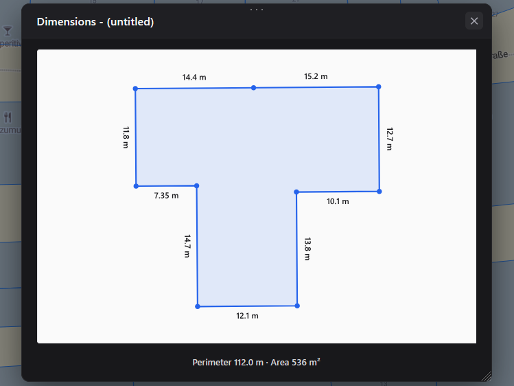 Dimensions dialog with the length of every side and a perimeter and area summary