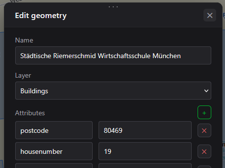 Editing a shape: its name, layer and custom attributes like postcode, street and building type