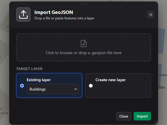 Import GeoJSON dialog: drop a file or paste features into an existing or new layer