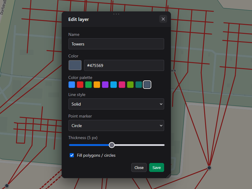 Edit layer dialog: layer name, colour, colour palette, line style, point marker symbol and thickness