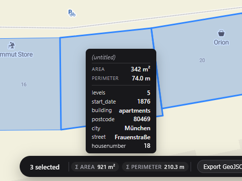 Three polygons selected, with the summed area 921 m² and perimeter 210.3 m