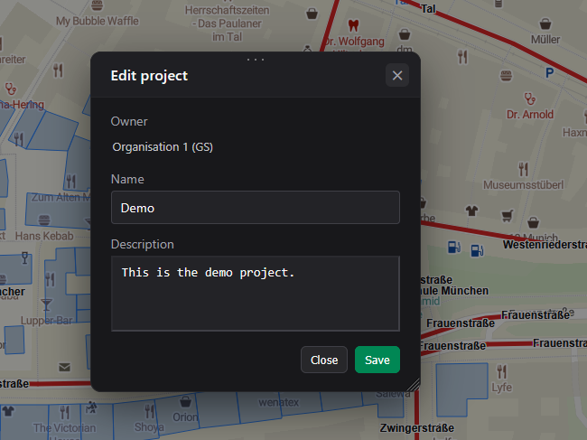 Edit project dialog owned by Organisation 1, with a name and description