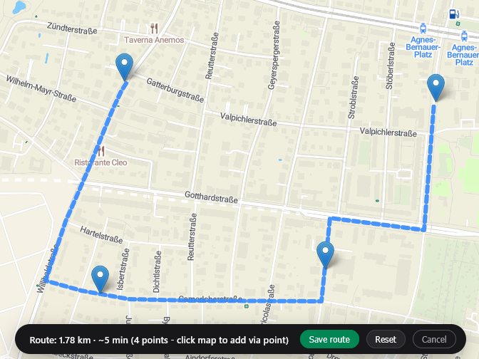 A route drawn along the road network through four points, with a 1.78 km distance and 5 minute duration readout and a Save route button